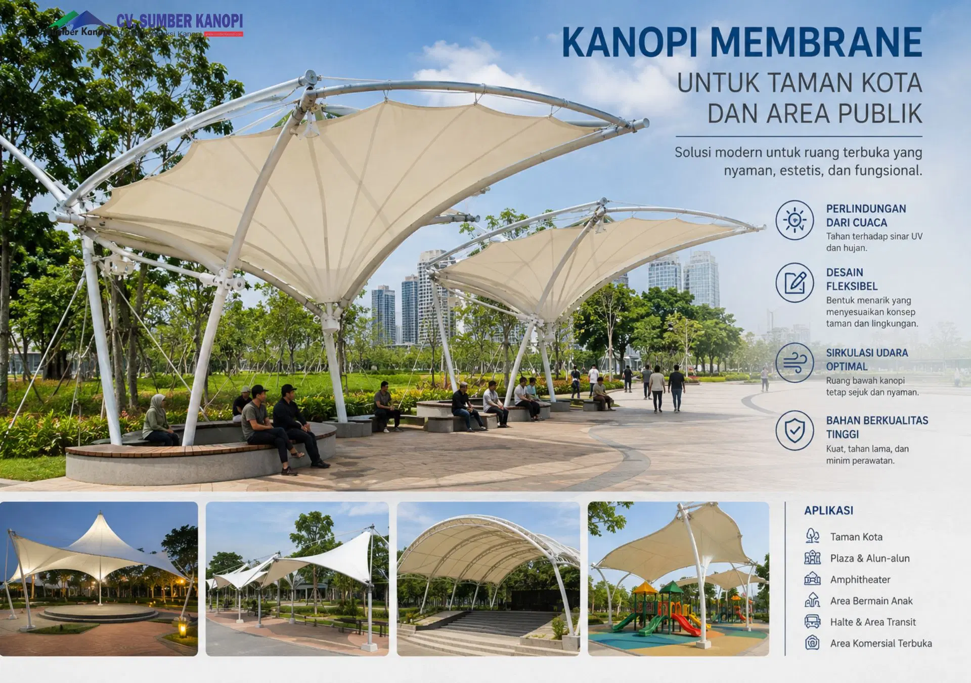 Desain kanopi membrane struktur tarik (tensile) untuk peneduh taman kota dan area publik modern