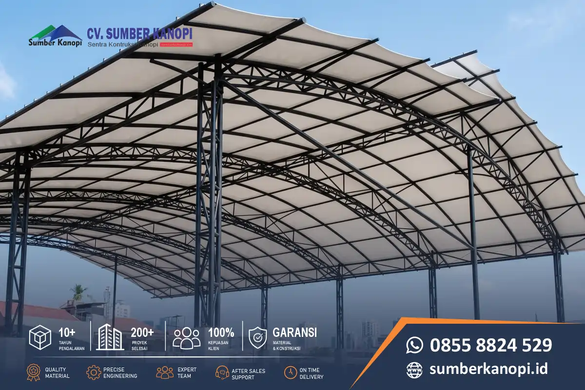 Visualisasi arsitektur desain atap membrane tensile modern yang menaungi fasilitas lapangan padel premium dengan pencahayaan LED anti silau