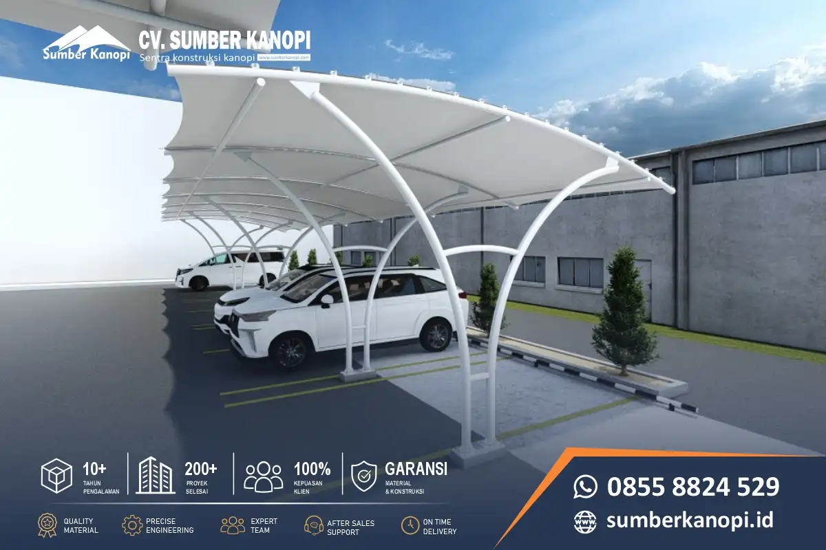 Desain kanopi membrane parkiran mobil kantor model kantilever anti panas dan kuat menahan beban angin
