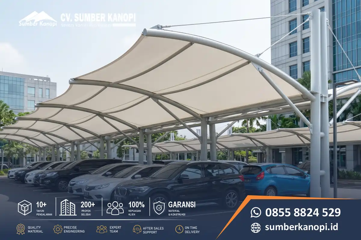 Proyek konstruksi atap parkiran membrane tensile di mall besar Indonesia oleh Sumber Kanopi
